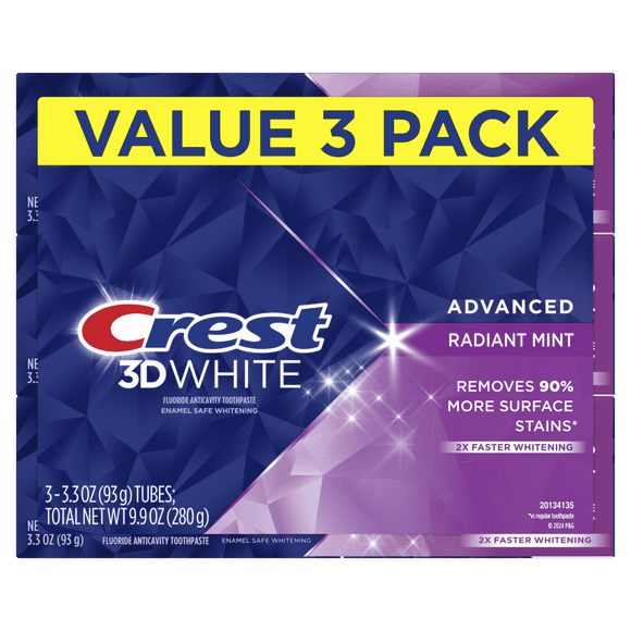 Crest 3D White Advanced Teeth Whitening Toothpaste, Radiant Mint, 3.3 oz, 3 Pack