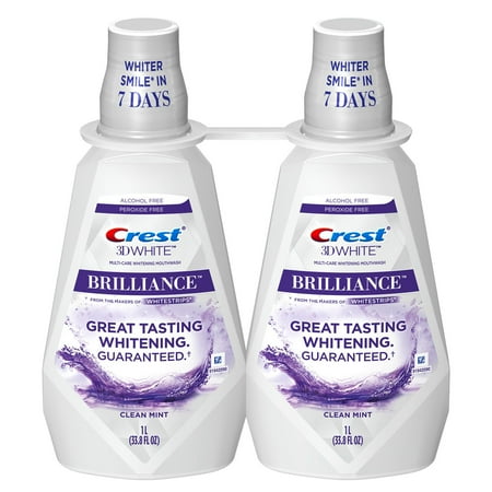 Crest 3D White Brilliance Alcohol Free Whitening Mouthwash, Clean Mint, 1L (33.8 fl oz) Pack of 2