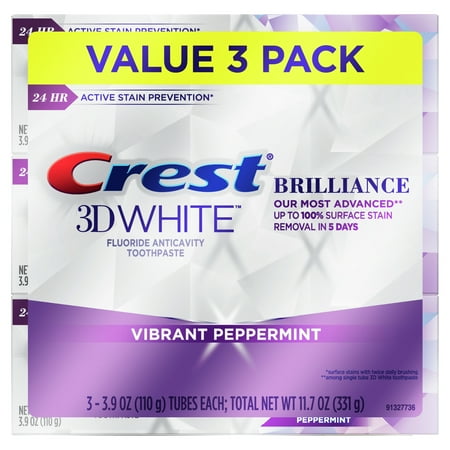 Crest 3D White Brilliance Teeth Whitening Toothpaste, Vibrant Peppermint, 3.9 oz, Pack of 3
