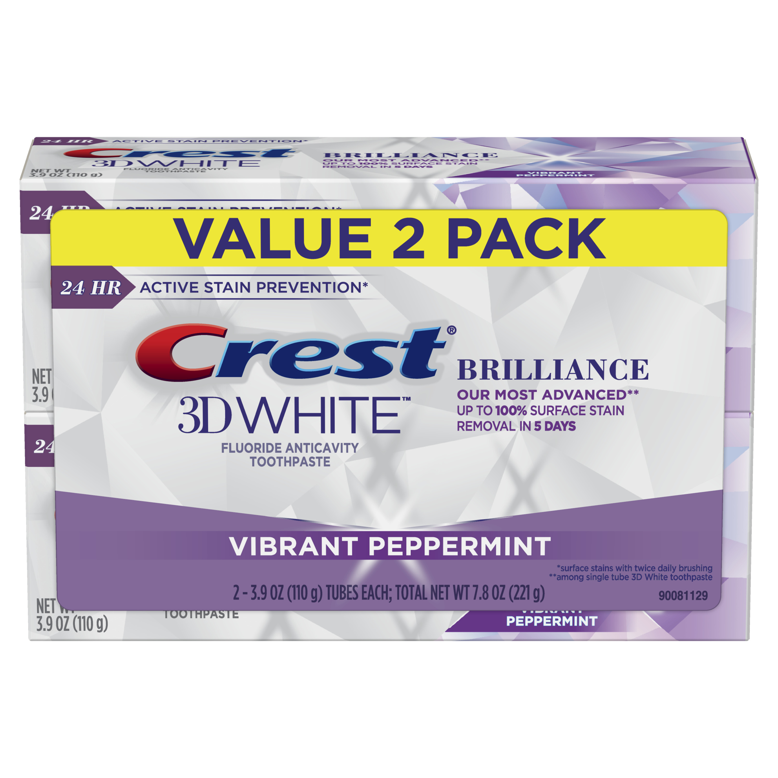 Crest 3D White Brilliance Toothpaste, Vibrant Peppermint, 3.9 oz, Pack of 2 - image 1 of 10