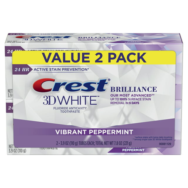 Crest 3D White Brilliance Toothpaste, Vibrant Peppermint, 3.9 oz, Pack of 2