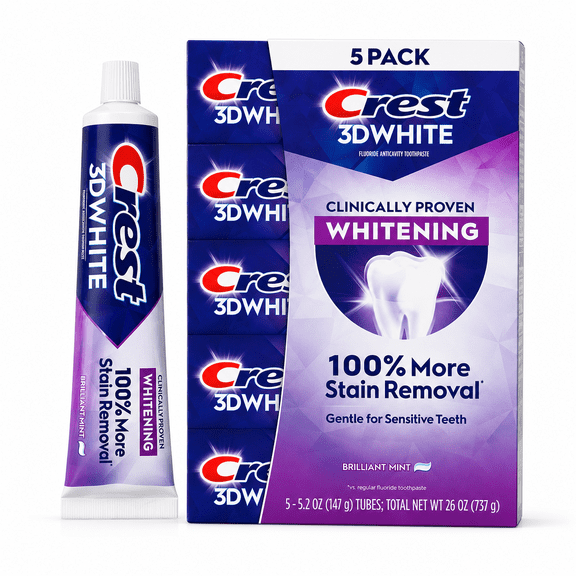 Crest 3D White Clinically Proven Whitening Toothpaste, Brilliant Mint, 5 Pack, 5.2 oz Tubes, Fluoride Anticavity Toothpaste, Safe for Sensitive Teeth