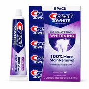 Crest 3D White Clinically Proven Whitening Toothpaste, Brilliant Mint, 5 Pack, 5.2 oz Tubes, Fluoride Anticavity Toothpaste, Safe for Sensitive Teeth