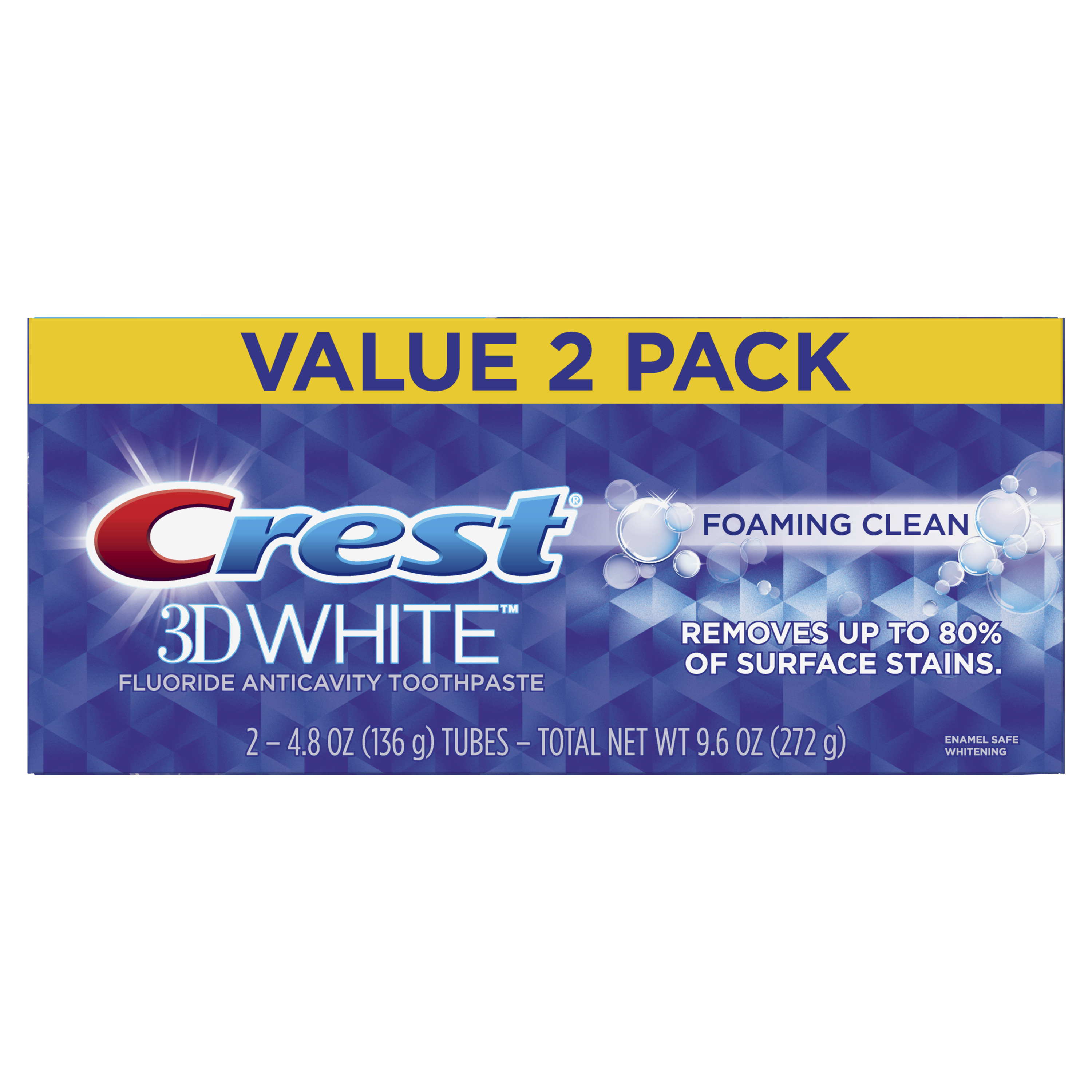 Crest 3D White Foaming Clean Whitening Toothpaste, 4.8 oz, Pack of 2 - image 1 of 9