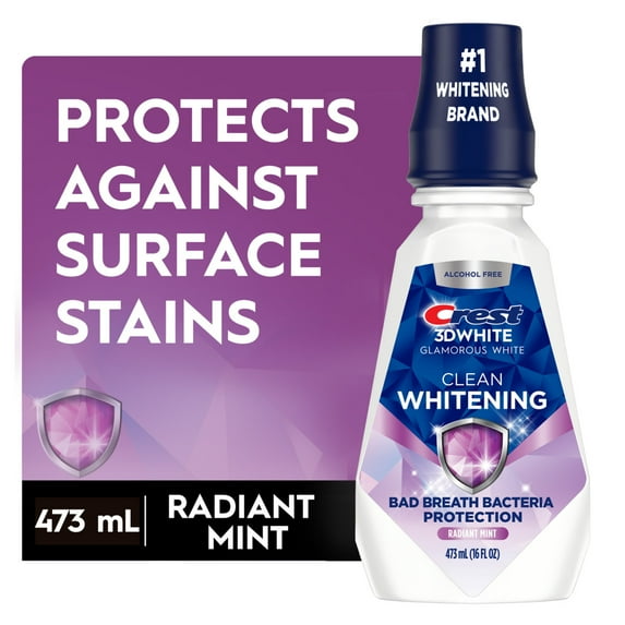 Crest 3D White Clean Whitening Mouthwash/Mouth Rinse, Prevents Surface Stains, Kills Millions of Bad Breath Germs, Alcohol-Free, Arctic Mint Flavor, 473 mL (16 fl oz)