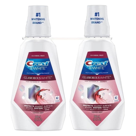 Crest 3D White Glamorous White Mouthwash, Clean Whitening, Multi-Care Whitening Mouthwash, Radiant Mint, 946 ml (32 FL OZ) - 2 Pack
