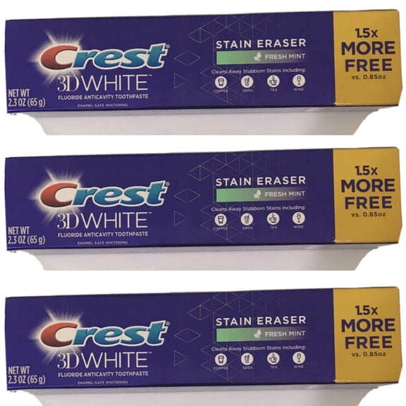 Crest 3D White Stain Eraser Fresh Mint Whitening Toothpaste 2.3 Oz(Pack Of 3) Packaging May Vary
