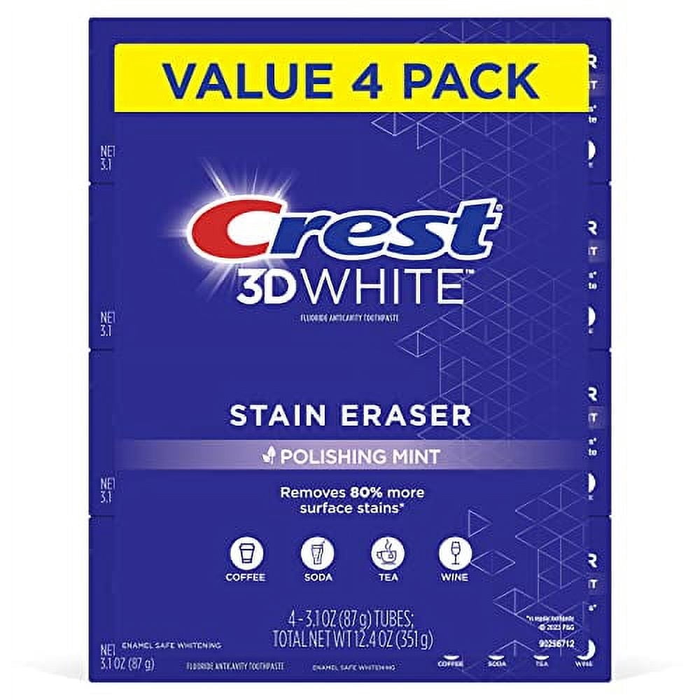 Crest 3D White Stain .. Eraser Teeth Whitening Toothpaste, .. Polishing Mint, 3.1 oz, .. Pack of 4