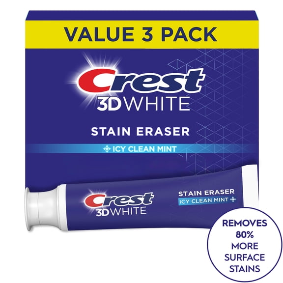 Crest Toothpaste, 3D White Stain Eraser Teeth Whitening Toothpaste, Icy Clean Mint, 3.8 oz, Pack of 3