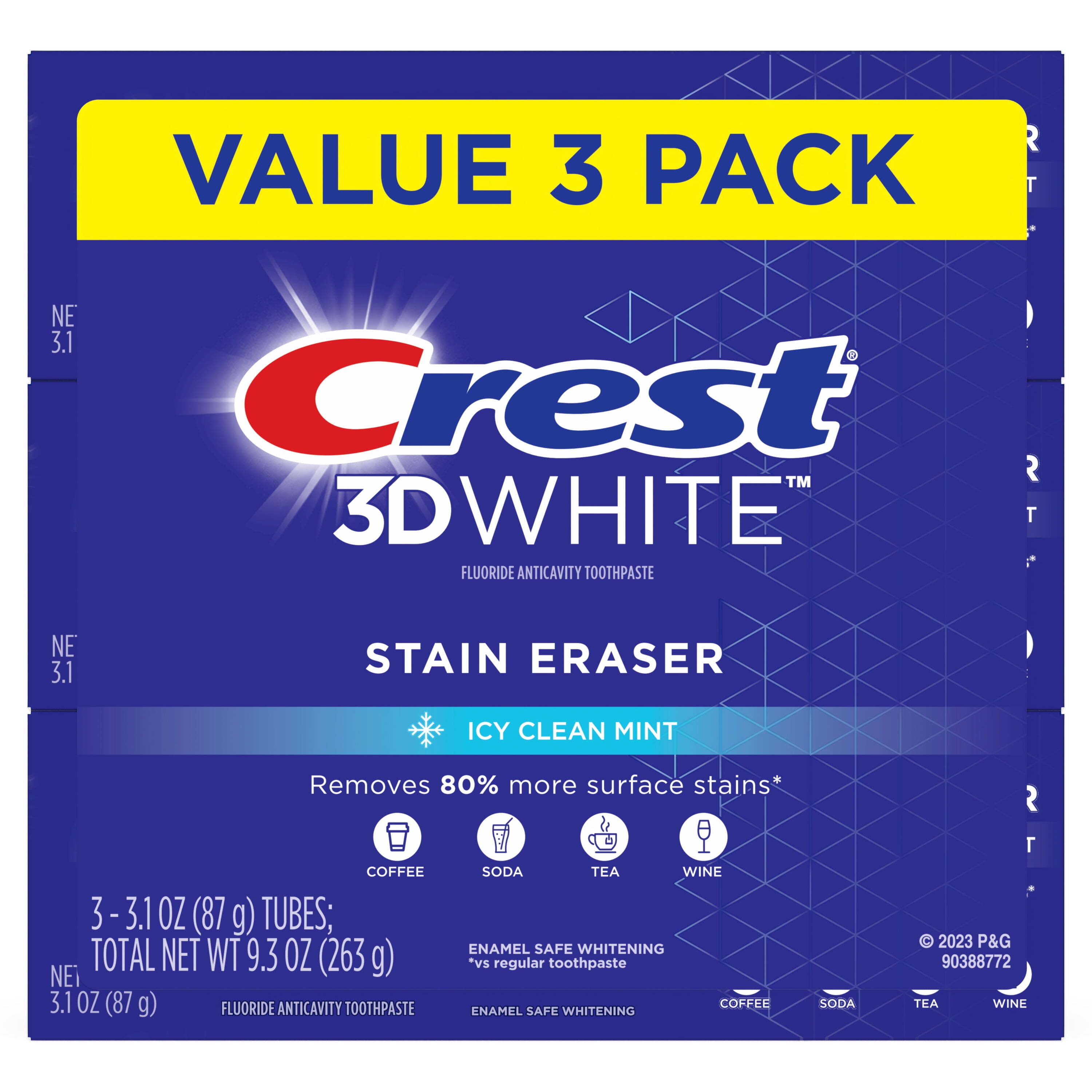 Crest 3D White Stain Eraser Toothpaste, Polishing Mint, Three 3.1 oz