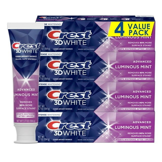 Crest 3D White Toothpaste, Advanced Luminous Mint, Teeth Whitening Toothpaste, 3.7 Oz (Pack of 4