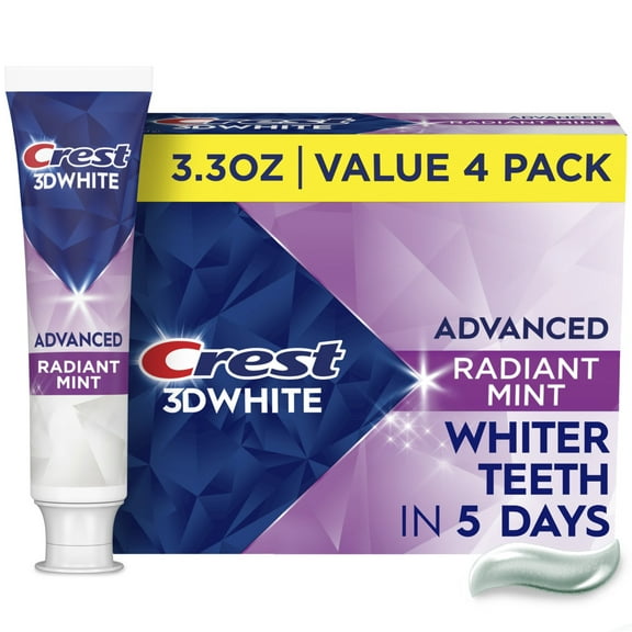 Crest 3DWhite Advanced Whitening Toothpaste, Radiant Mint Flavor, 3.3 oz, 4 Pack