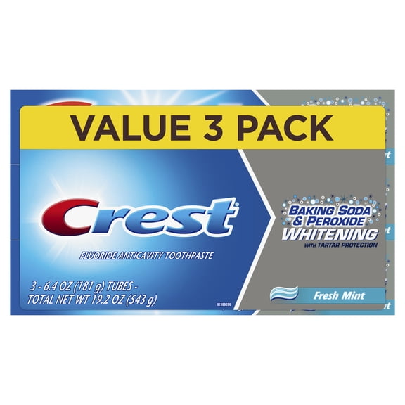 Crest Baking Soda & Peroxide Whitening with Tartar Protection Toothpaste, Fresh Mint, 6.4 oz, Pack of 3