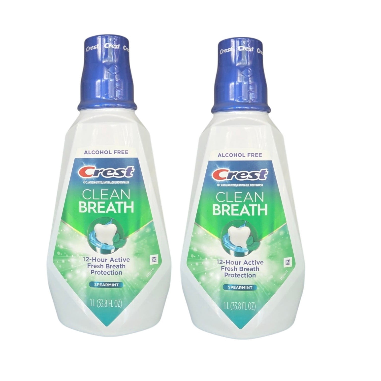 Crest Clean Breath Alcohol-Free Mouthwash, Spearmint Fresh, 1L (33.8 fl oz) Each, 2 Pack, Long-Lasting Fresh Breath Protection