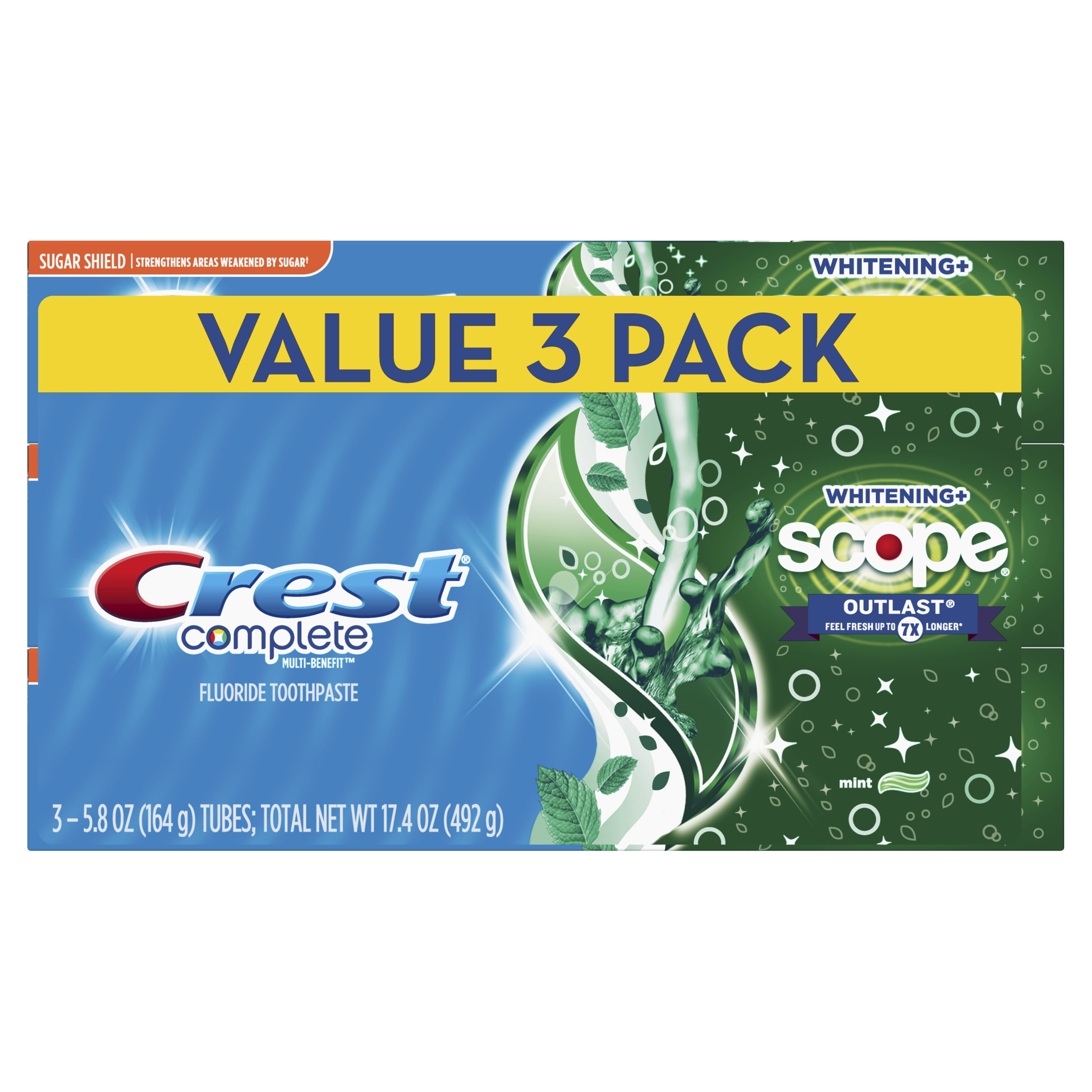 Crest Complete Whitening + Scope Outlast Toothpaste, Mint 5.8 oz, Pack of 3