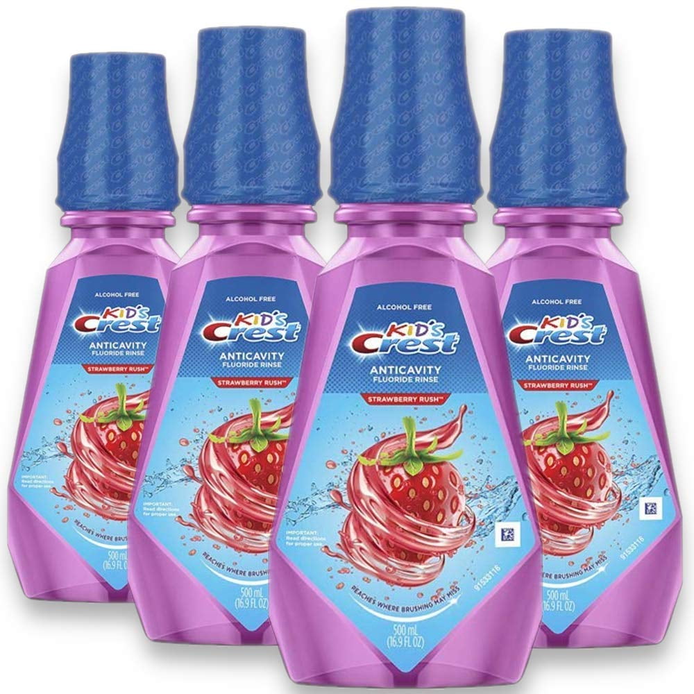 Crest Kid,S Anti Cavity Fluoride Mouthwash, Alcohol Free, Strawberry Rush, 500 Ml (16.9 Fl Oz), Pack Of 4