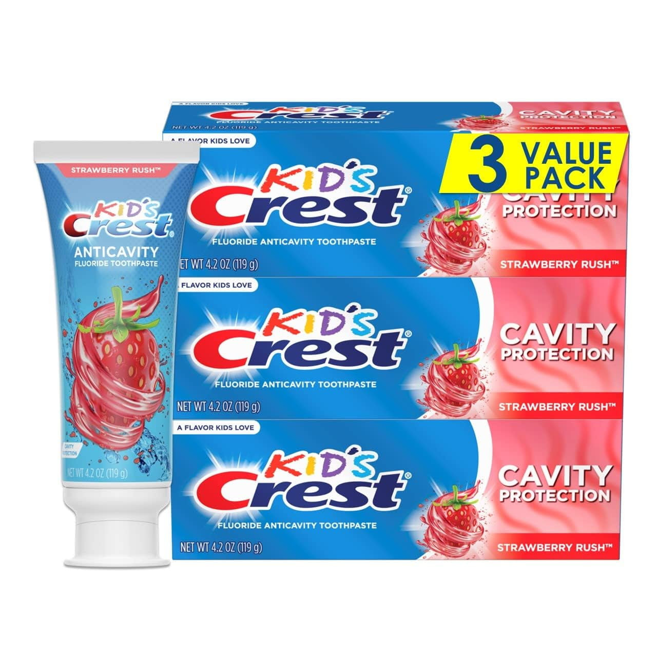 Crest Kid's Cavity Protection Fluoride Toothpaste, Strawberry Rush, 3 Count Tube