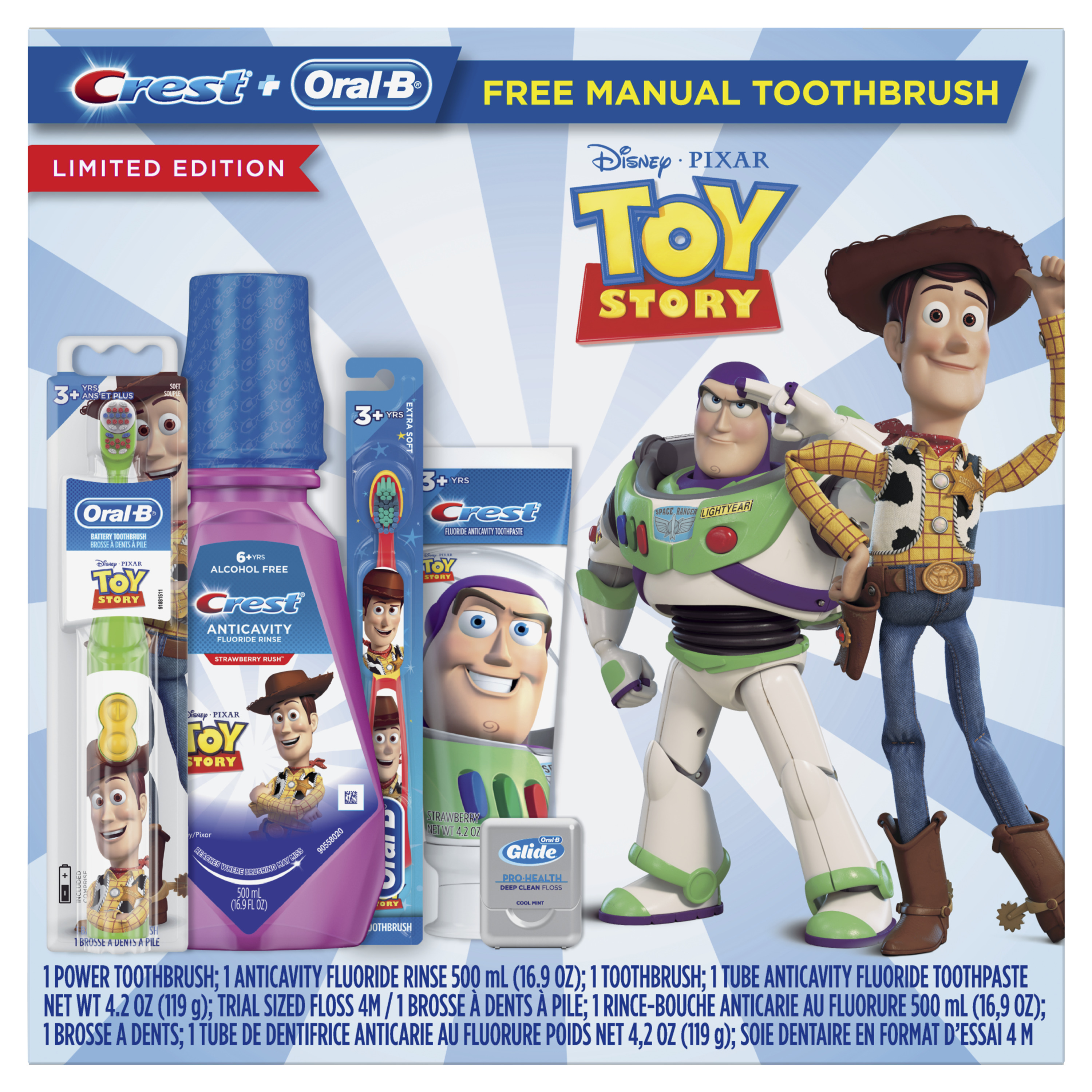 Crest & Oral-B Kids Disney Pixar Toy Story Gift Pack with Power and Manual Toothbrushes, 4.2 Oz Toothpaste, 16.9 Fl Oz Mouthwash and Floss - image 1 of 12