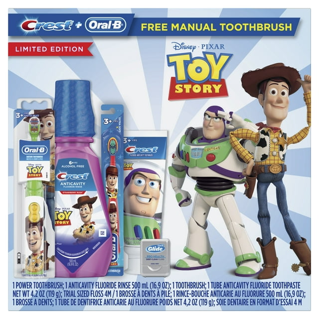 Crest & Oral-B Kids Disney Pixar Toy Story Gift Pack with Power and Manual Toothbrushes, 4.2 Oz Toothpaste, 16.9 Fl Oz Mouthwash and Floss