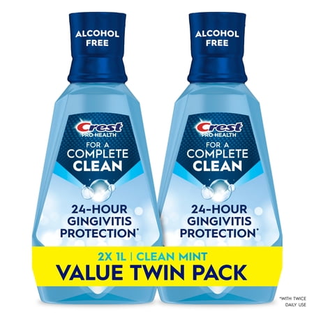 Crest Mouthwash Pro Health Complete Clean, Alcohol Free, Clean Mint, 1 L, 2 Pack