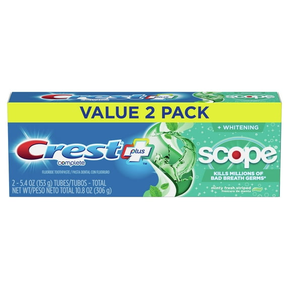 Crest Plus Scope Complete Whitening Toothpaste, Mint, 5.4 oz, 2 Pack