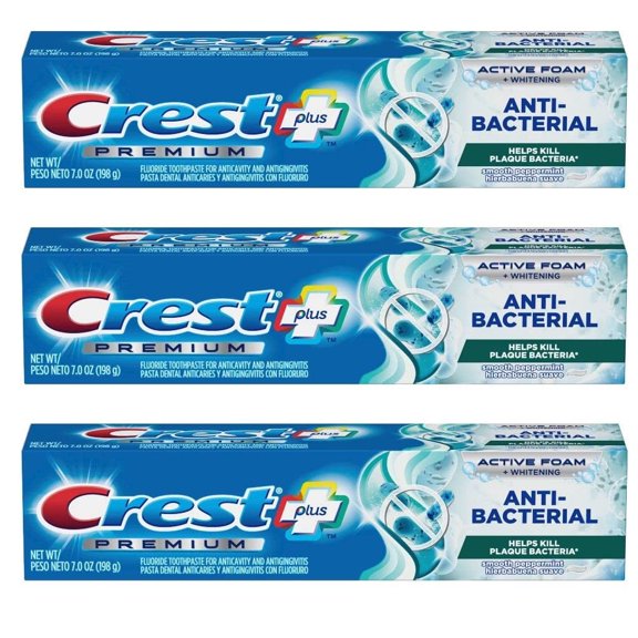 Crest Premium Plus Anti-Bacterial Toothpaste, Smooth Peppermint Flavor 7.0 oz (Pack of 3) C7
