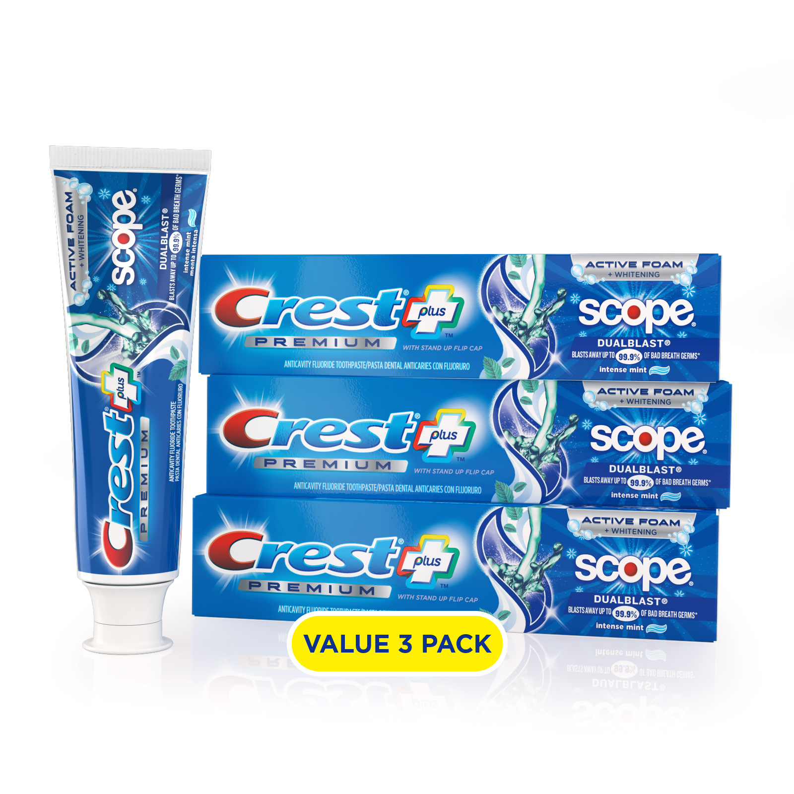 Crest Premium Plus Scope Dual Blast Toothpaste, Mint, 5.2 oz, 3 Pack - image 1 of 9