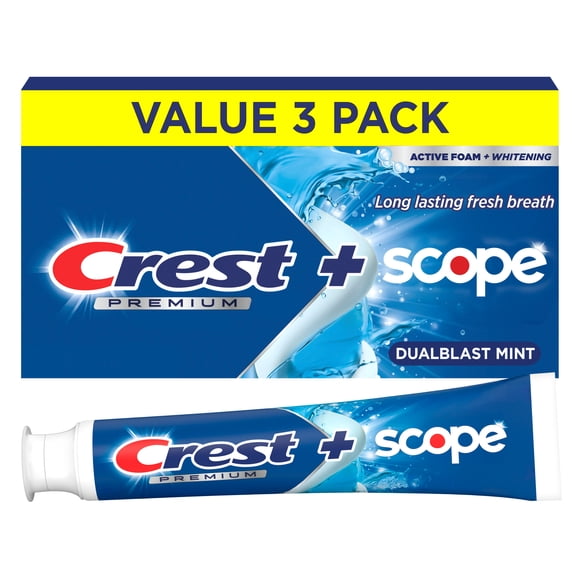 Crest Toothpaste, Premium Plus Scope Dual Blast Toothpaste, Mint, 5.2 oz, 3 Pack