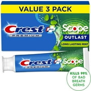 Crest Premium Plus Scope Outlast Toothpaste with Fluoride, Long Lasting Mint Flavor 5.2 oz, Pack of 3