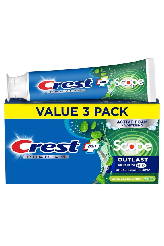 Toothpaste, Premium Plus Scope Outlast Fluoride Toothpaste, Mint, 5.2 oz, 3 pack