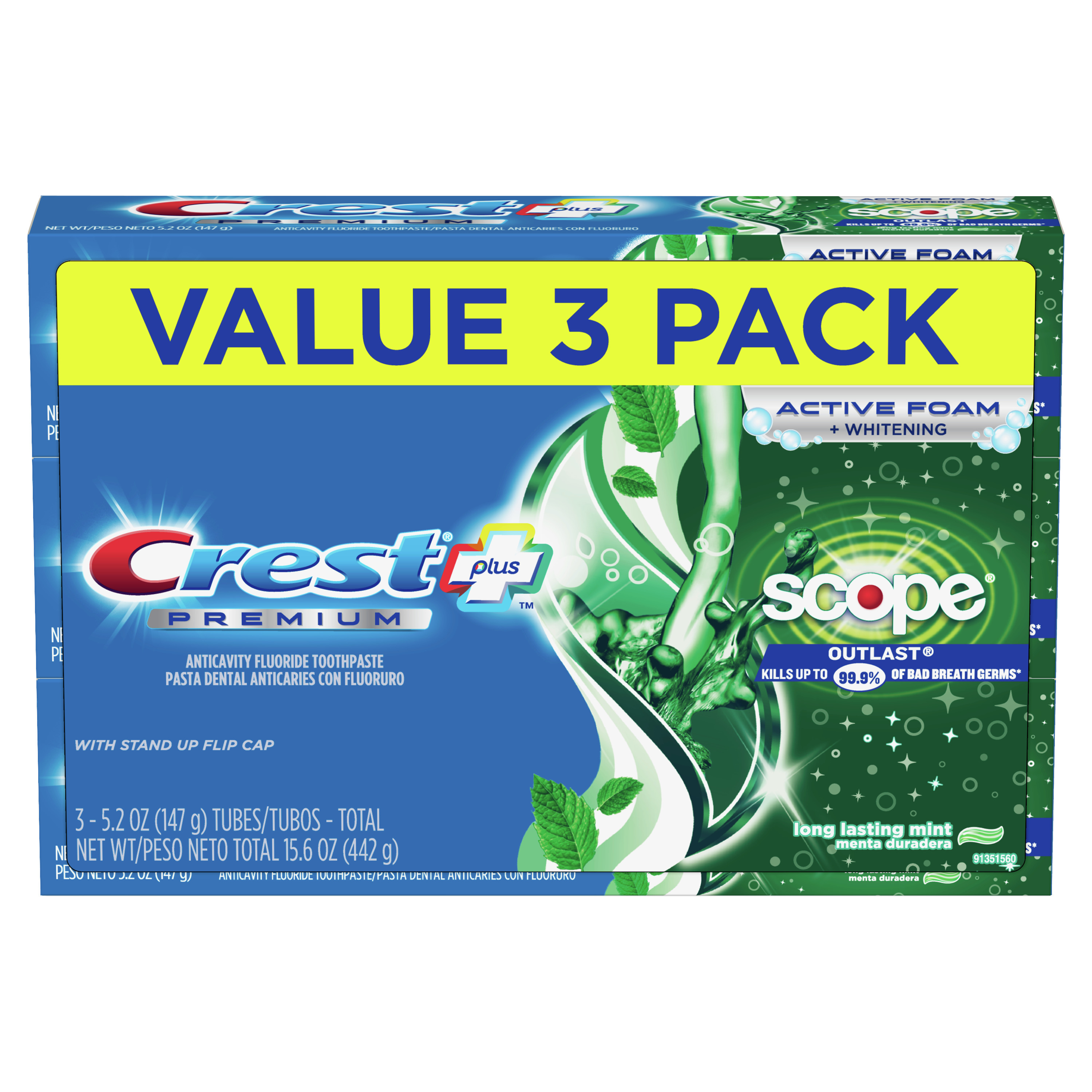 Crest Premium Plus Scope Outlast Toothpaste, Long Lasting Mint Flavor 5.2 oz, Pack of 3 - image 1 of 10