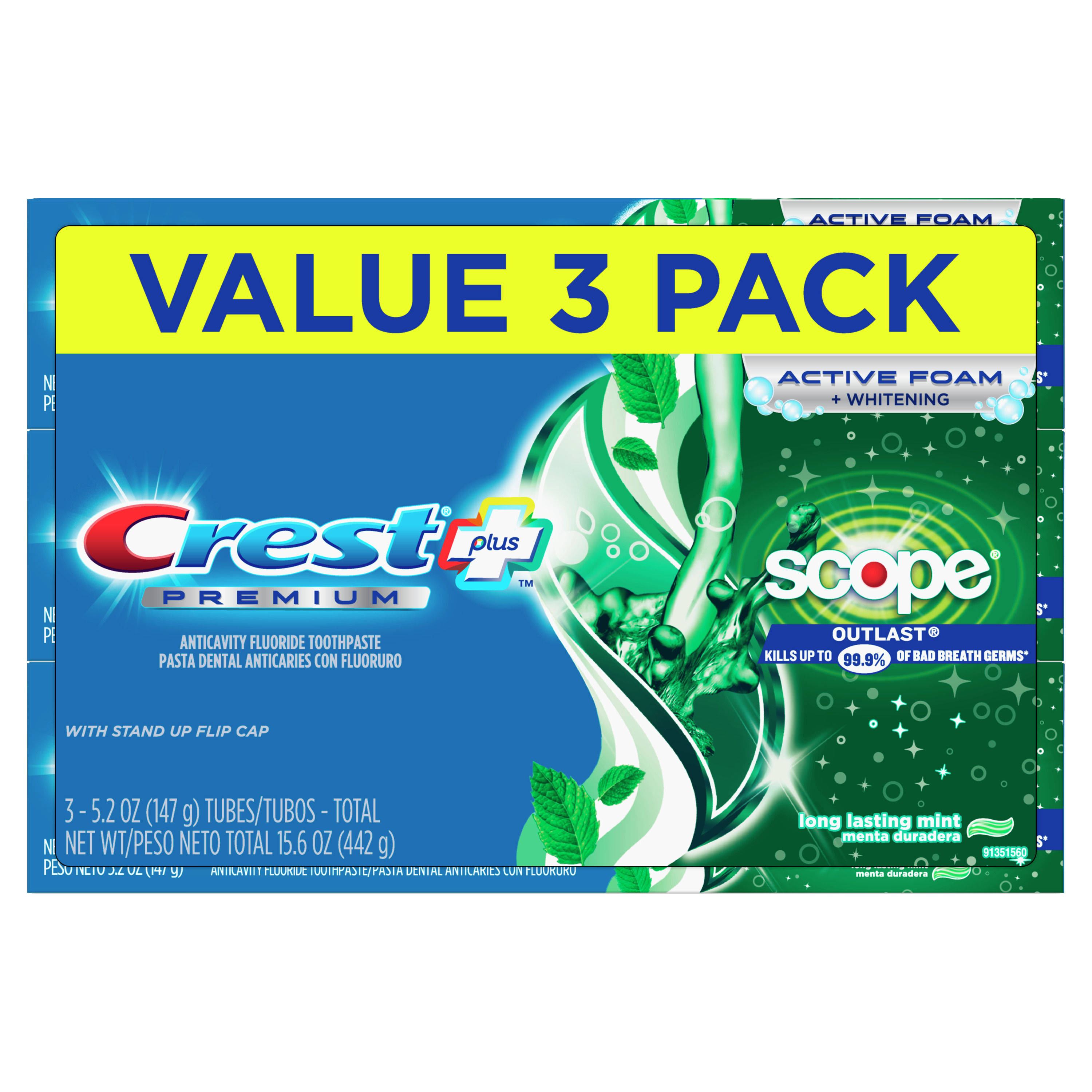 Crest Premium Plus Scope Outlast Toothpaste, Long Lasting Mint Flavor 5.2 oz, Pack of 3 - image 1 of 11