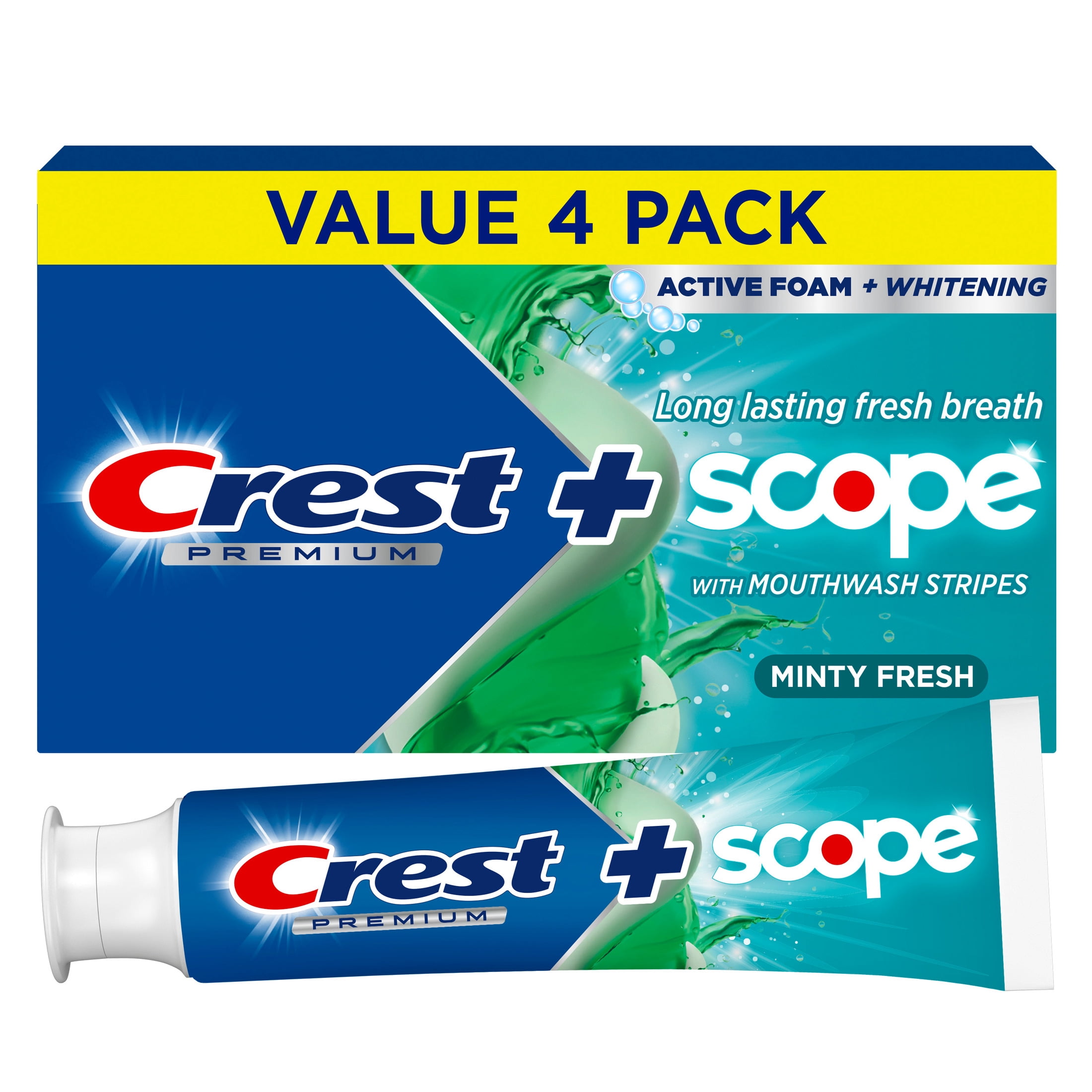 Crest Premium Plus Scope Whitening Toothpaste with Mouthwash Stripes, Minty Fresh, 5.2 oz, 4 Pack
