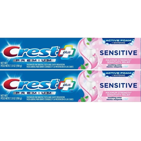 Crest Premium Plus Sensitive Toothpaste with Active Foam Whitening, Soothing Mint Flavor, 7oz (Pack of 2) C52