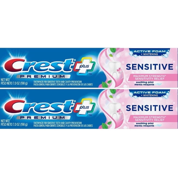 Crest Premium Plus Sensitive Toothpaste with Active Foam Whitening, Soothing Mint Flavor, 7oz (Pack of 2) C52
