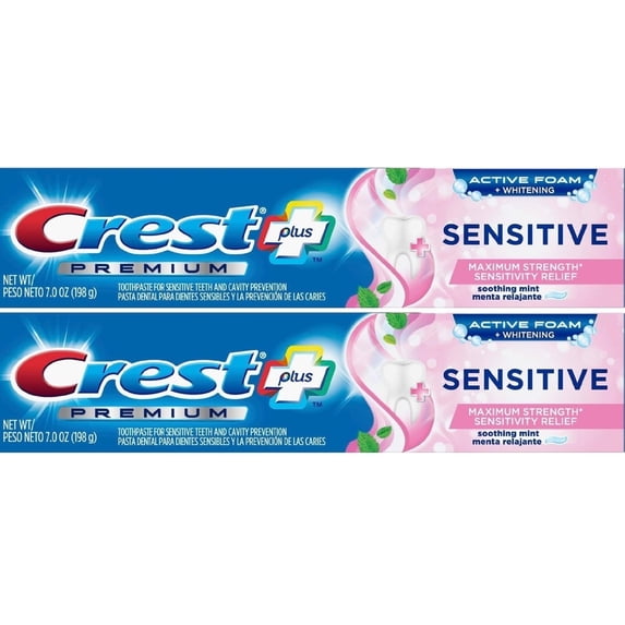 Crest Premium Plus Sensitive Toothpaste with Active Foam Whitening, Soothing Mint Flavor, 7oz (Pack of 2) C52