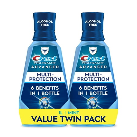 Crest Pro-Health Advanced Multi-Protection Fluoride Mouthwash, Alcohol-Free Oral Rinse, Fresh Mint Flavor, 1L Bottles, 2 pack