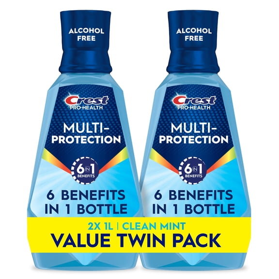 Crest Pro‑Health Advanced Multi‑Protection Fluoride Mouthwash, Alcohol‑Free Oral Rinse, Fresh Mint, 1L Bottles, 2 pack