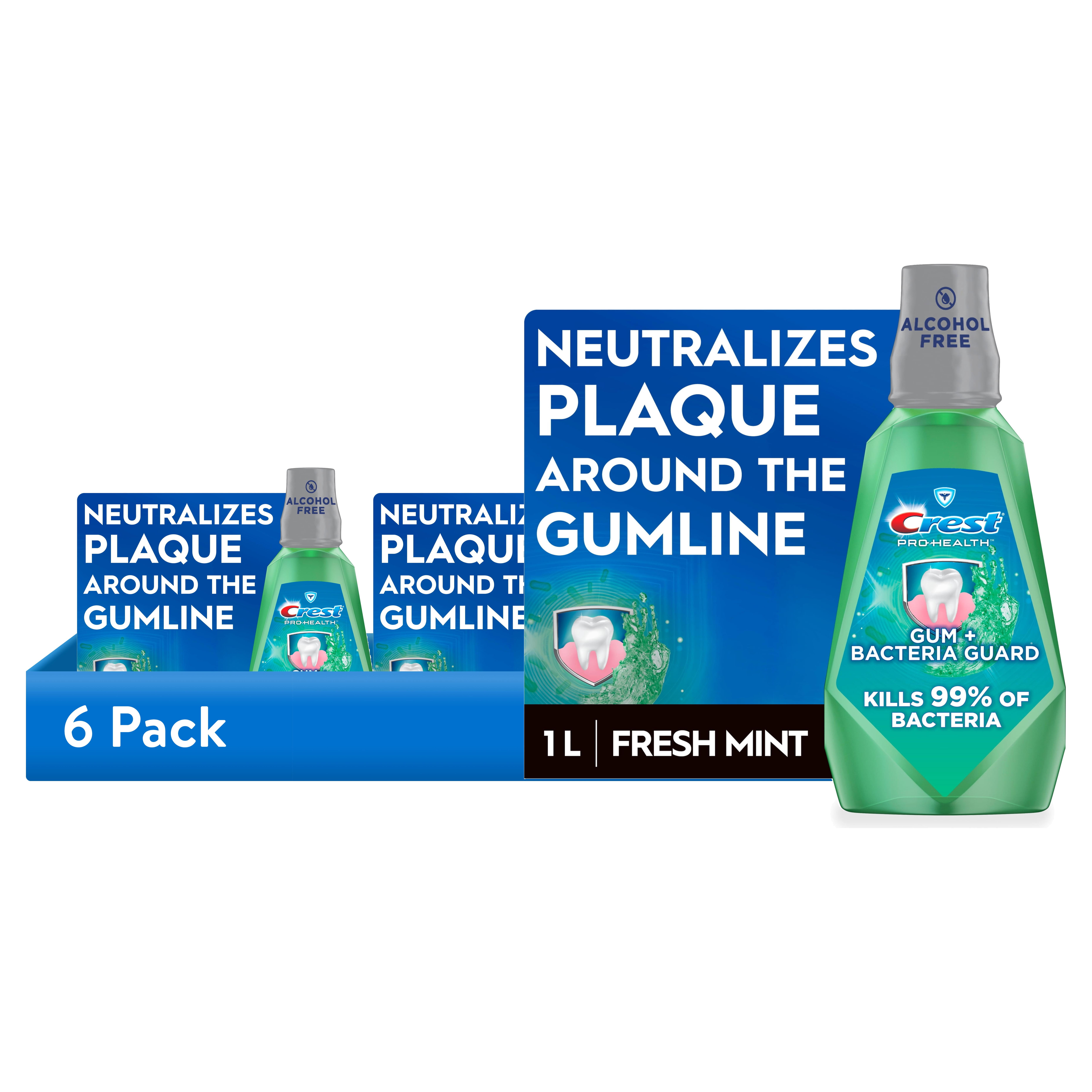 (6 pack) Crest Mouthwash, Pro‑Health Gum and Bacteria Guard Alcohol‑Free Mouthwash, Oral Rinse, Mint, 1L