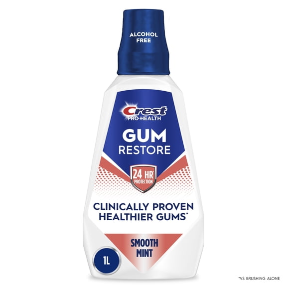 Crest Pro-Health Gum Restore Mouthwash/Mouth Rinse, Antigingivitis/Antiplaque, Clinically Proven, Fights Gum Disease, Alcohol Free, Smooth Mint - 1L (33.8 fl oz)