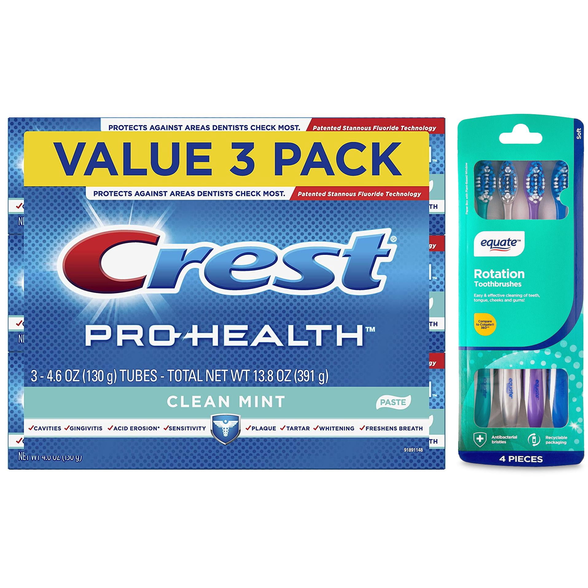 Crest Pro Health Smooth Formula Toothpaste & Equate Rotation Manuel Toothbrush with Tongue and Cheek Cleaner