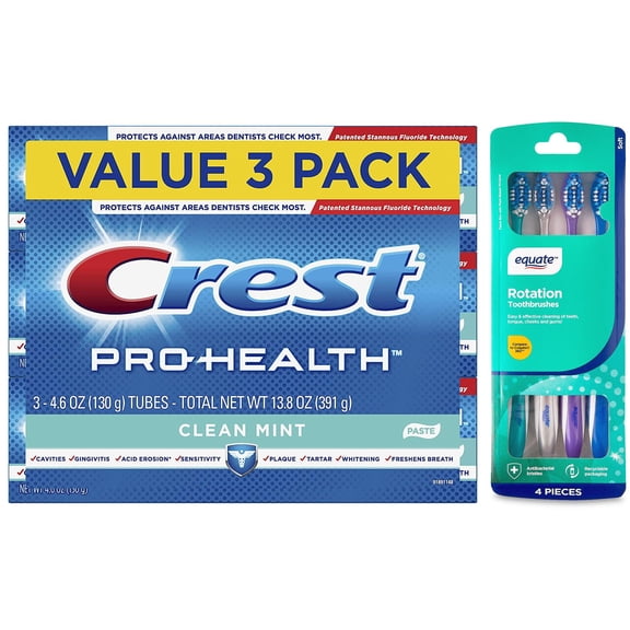 Crest Pro Health Smooth Formula Toothpaste & Equate Rotation Manuel Toothbrush with Tongue and Cheek Cleaner