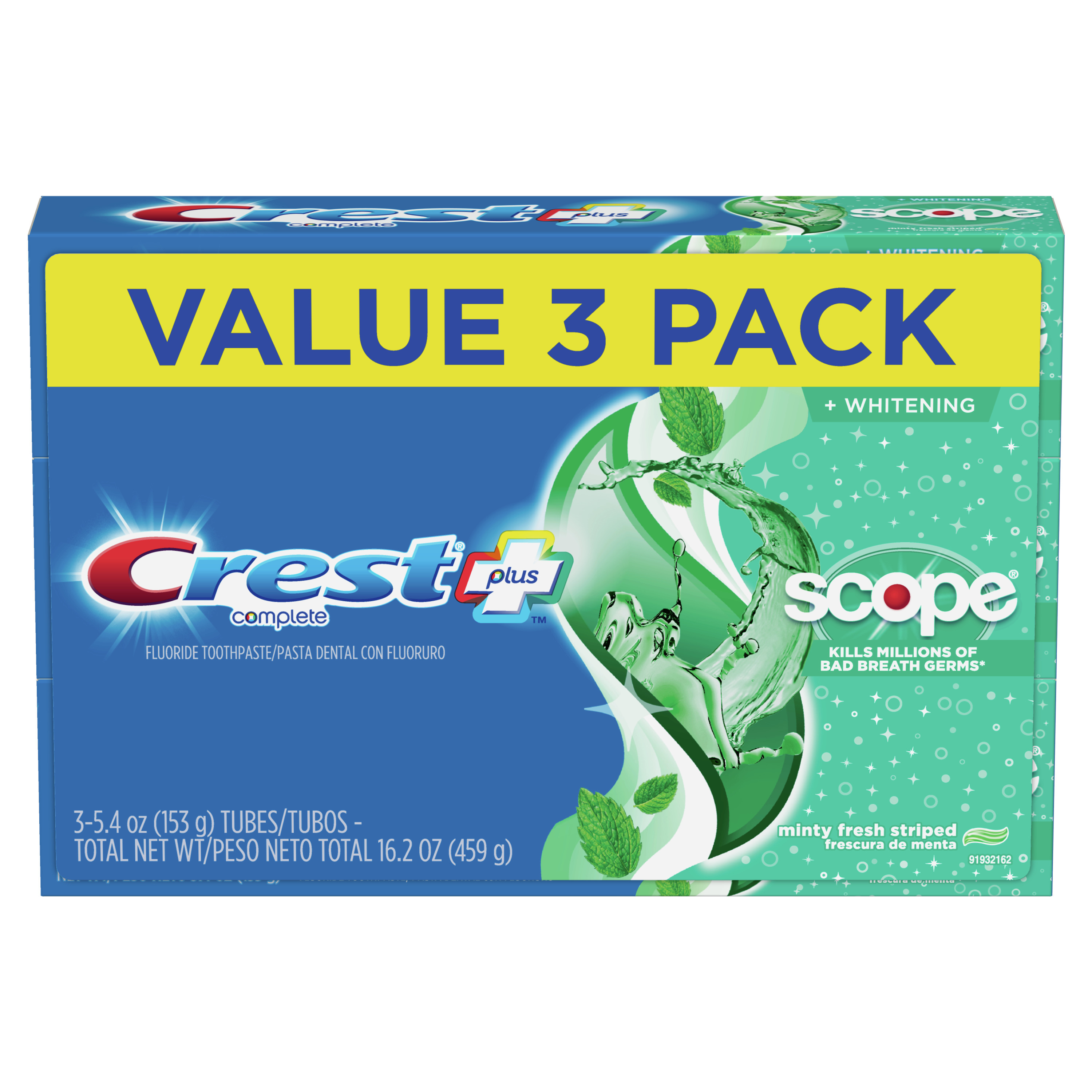 Crest + Scope Complete Whitening Toothpaste, Minty Fresh, 5.4 oz, Pack of 3 - image 1 of 9