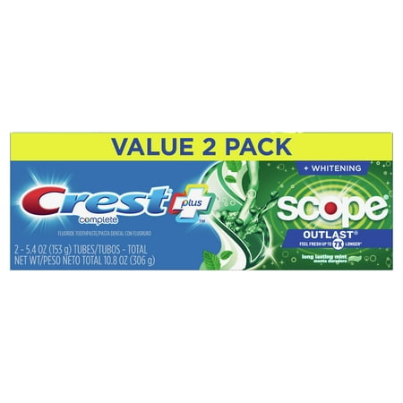 Crest + Scope Outlast Complete Whitening Toothpaste, Mint, 5.4 oz, Pack of 2