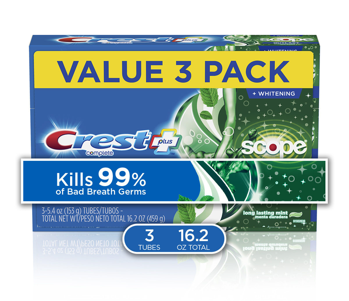 Crest + Scope Outlast Complete Whitening Toothpaste, Mint, 5.4 oz, Pack of 3 - image 1 of 10