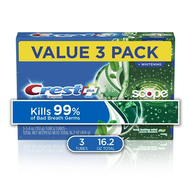 Crest + Scope Outlast Complete Whitening Toothpaste, Mint, 5.4 oz, Pack of 3