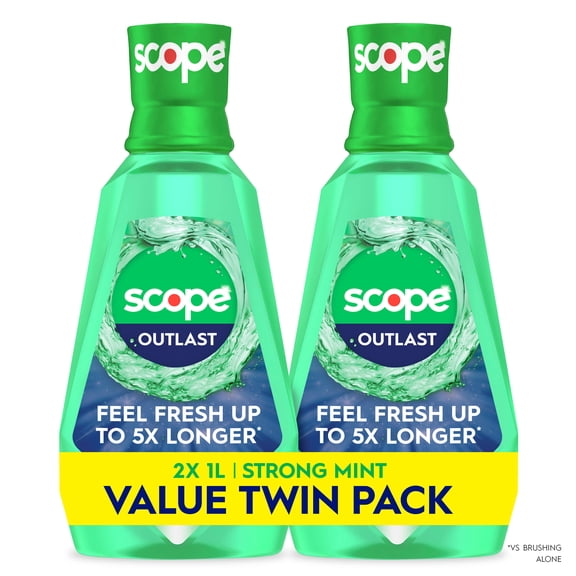 Scope Mouthwash, Outlast, Long Lasting Freshness, Kills Millions of Bad Breath Germs, Strong Mint, 1L, pack of 2