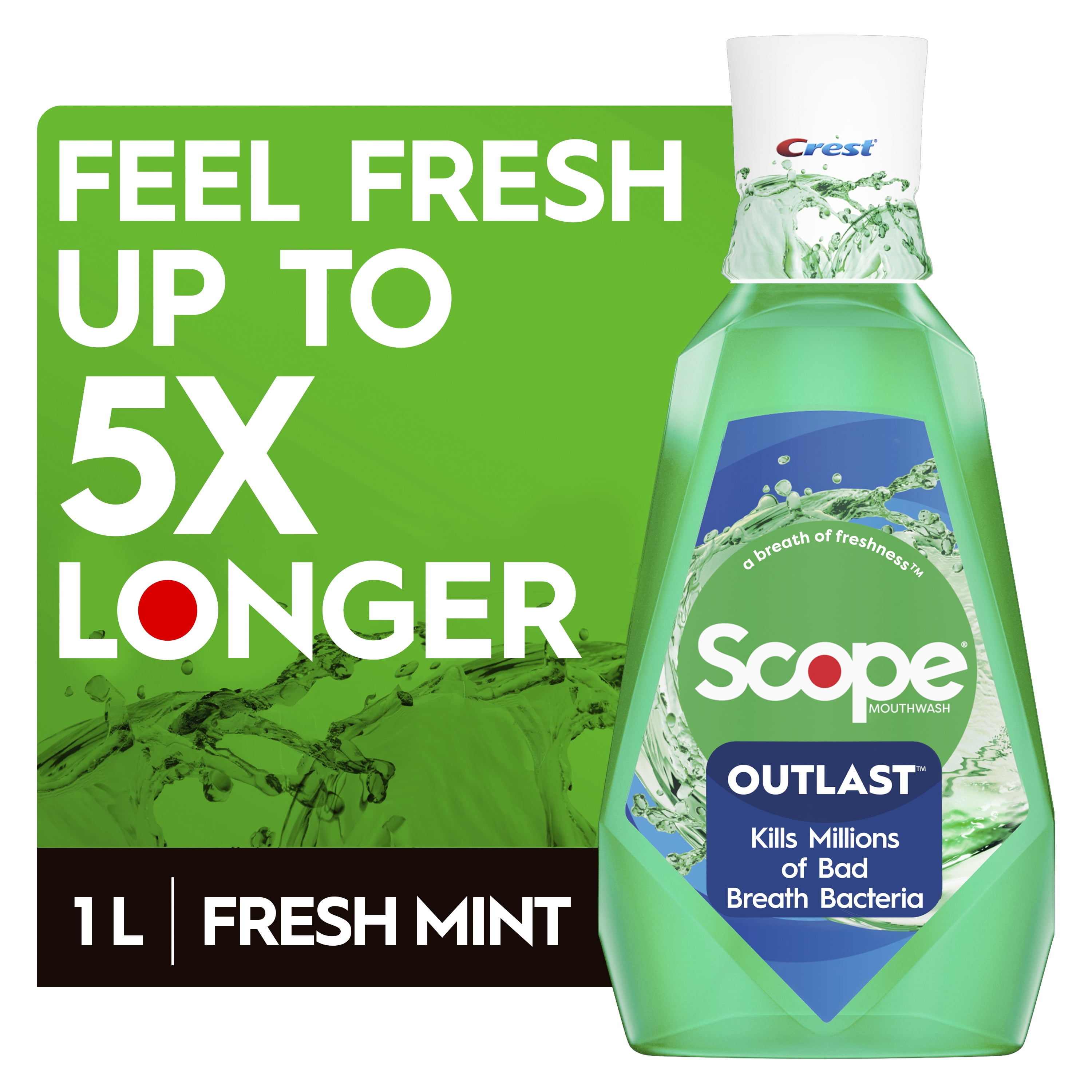 Crest Scope Outlast Mouthwash/Mouth Rinse, Cool Wintergreen 1L, Kills