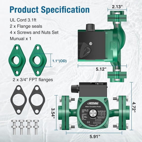 CrestWave 110V 130W 13 GPM Circulation Pump, 3 Speed Switchable Hot Water Recirculating Pump,Circulator Pump for Water  with 3/4" FNPT Flanges & Kit, for Boiler, Hydronic Heating Use, Green