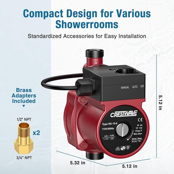 CrestWave Hot Water Recirculating Pump, 125W 115V Automatic Circulation Pump for Water , Dual Control Modes for Domestic Hot Water Recirculating System